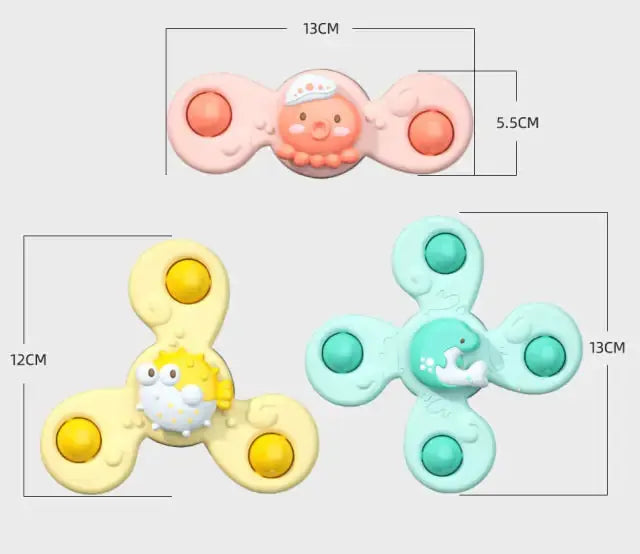Set of three baby spin toys in yellow, pink, and green with animal designs, showcasing dimensions for size reference.