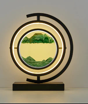 3D Quicksand Table Lamp with mesmerizing green quicksand effects, circular LED frame, and modern black base for artistic home decor.