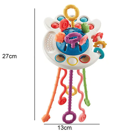 Colorful sensory toy with pull strings and tactile features, measuring 27cm by 13cm, designed for sensory exploration and motor skill development.