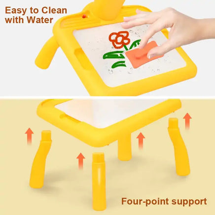 Kids Mini Art Table Set with a yellow drawing surface, demonstrating easy cleaning with water and sturdy four-point support.