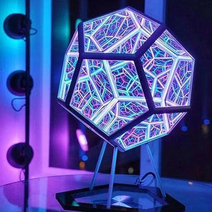 Infinite Dodecahedron Color Art Light featuring vibrant multicolor LED lights creating an endless geometric pattern, perfect for modern decor.