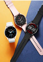 Three smart bracelets in black, pink, and white straps, showcasing different customizable watch face designs.