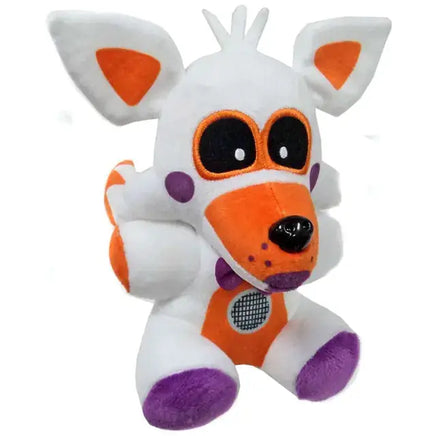 White and orange fox NAF plush toy with purple accents, designed for cuddly comfort and fun.