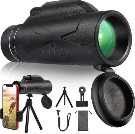 Complete set of the Telescope for Smartphones with tripod, phone mount, carrying pouch, and wrist strap, ideal for photography and observation.