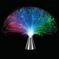 LED fiber optic lamp with rainbow-colored light effects and a metallic base, creating a mesmerizing ambiance.