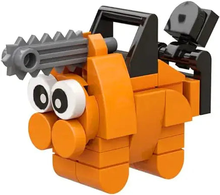 Close-up of Pochita brick toy, featuring its bright orange design and chainsaw detail, perfect for Chainsaw Man fans.