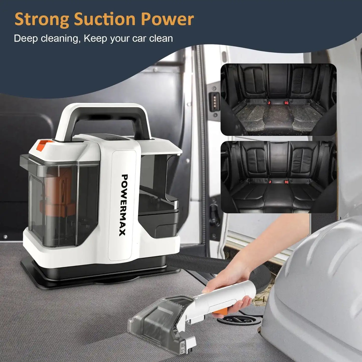 Automatic Water Spray Cleaning Tool used for deep car interior cleaning, showcasing strong suction power and portable design.