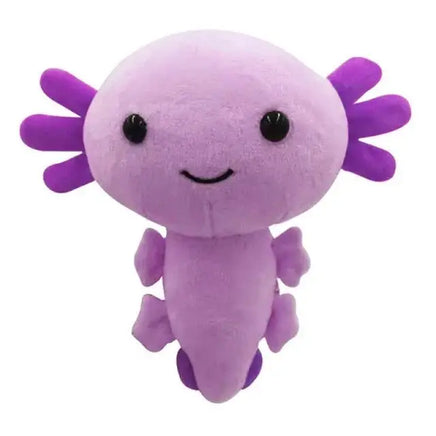 Purple anime axolotl plush toy with bright purple gills, soft and cuddly, great for gifting or collecting.