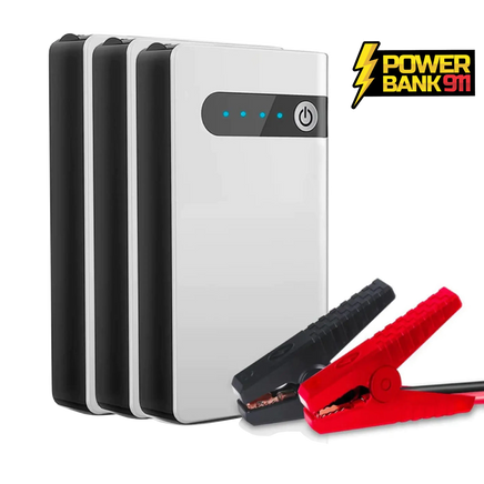 Compact car jump starter emergency battery booster with LED indicators and clamps, ideal for vehicle repair and power bank use.