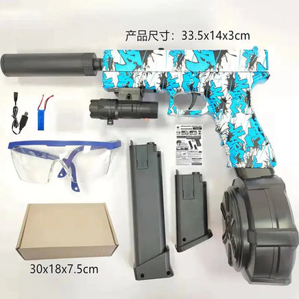 Blue graffiti-style automatic airsoft gun toy set with goggles, magazines, and a charger, perfect for kids' shooting activities.