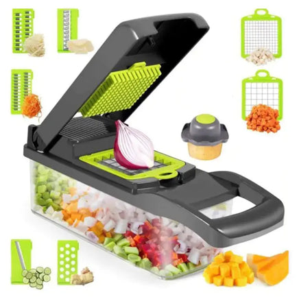 Black 8-in-1 multifunctional kitchen slicer with a transparent container, surrounded by diced and sliced vegetables and interchangeable blades.