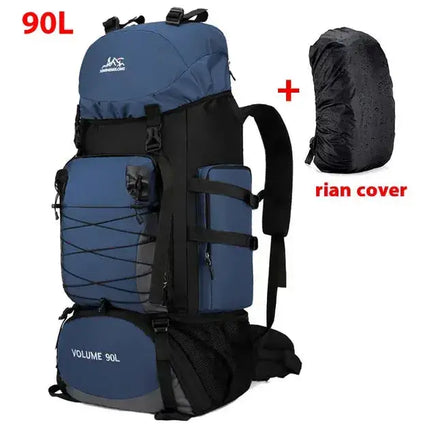 Blue 90L outdoor travel backpack with rain cover included, designed for trekking and outdoor expeditions in various weather conditions.