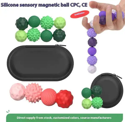 Assorted sensory magnetic ball toy set in green, purple, and red with textured silicone balls and a black case, perfect for stress relief and learning.