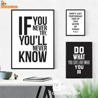 Set of motivational wall art canvases featuring quotes like 'If You Never Try, You'll Never Know,' 'Do What You Love,' and 'Don't Let Yesterday Use Up Too Much of Today.' Perfect for transforming your space with inspiring messages.