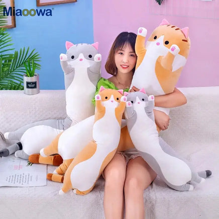 Cute Cat Pillow Plush Toys featuring soft, elongated cat-shaped stuffed animals in various colors, perfect for cuddling and home decor.