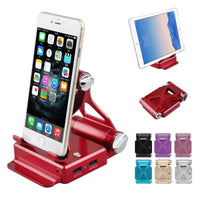 Red podium style stand holding a smartphone and iPad, with multiple color options and compact foldable design.