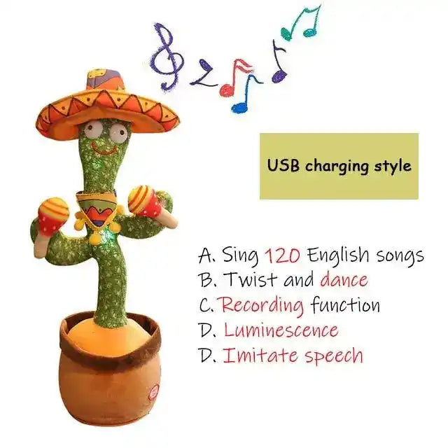 Dancing cactus toy with a sombrero and maracas, featuring USB charging and capabilities to sing, twist, record, glow, and imitate speech.