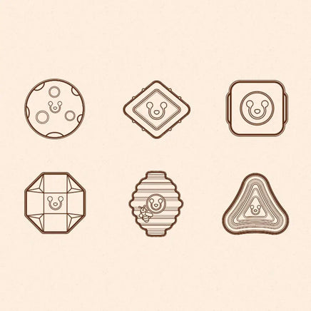 Illustration of six unique shapes from the Baby Blocks Shape Sorter Toy, showcasing intricate designs for shape recognition and learning.