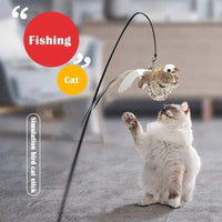 Cat playing with a bird-shaped toy on a flexible fishing rod-style stick, designed for interactive cat entertainment.