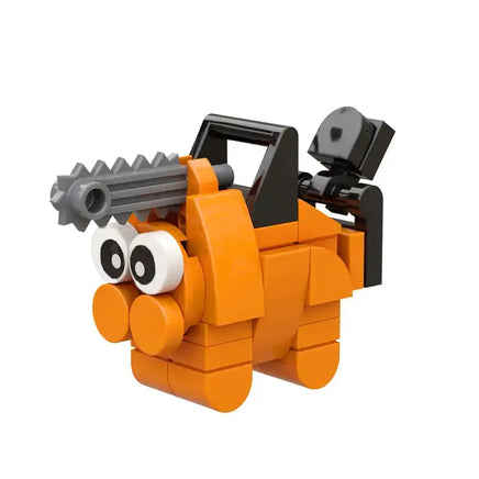 Pochita brick toy in bright orange with a chainsaw design, a must-have collectible for Chainsaw Man enthusiasts.