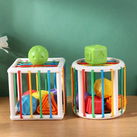 Two Baby Blocks Shape Sorter Toys with colorful elastic bands and blocks, designed for stacking, sorting, and sensory exploration.