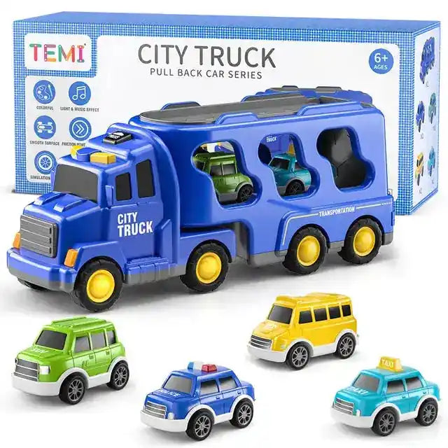 Blue city truck toy with four small vehicles, including a taxi and police car. Comes with a transport trailer for added fun.