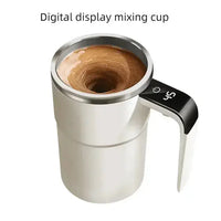 Self-Stirring Electric Coffee Mug with digital display and swirling coffee, highlighting its automatic mixing feature.