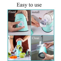 Step-by-step guide showing how to fix, install, use, and clean a blue vegetable cutter kitchen gadget for efficient food preparation.