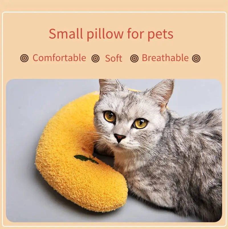 Yellow small pet pillow with cat resting on it