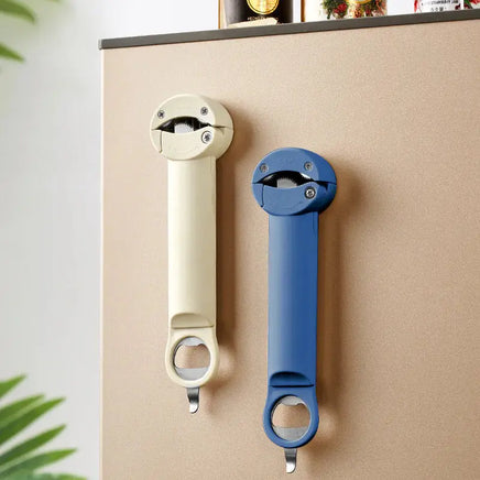 Magnetically mounted stainless steel labor-saving cap screw gadgets in beige and blue, displayed on a refrigerator for convenient storage.