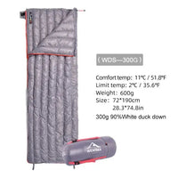 Grey portable sleeping bag with 90% white duck down, offering warmth and lightweight comfort. Ideal for outdoor camping and hiking trips.