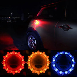 LED emergency car lights in red, illuminating the rear of a parked car at night for enhanced visibility and safety.