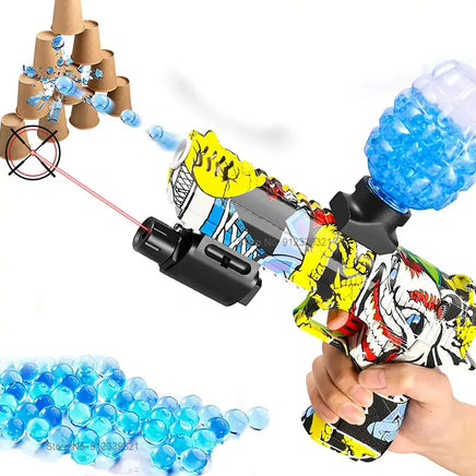 Handheld toy gun blaster shooting water beads with laser light, ideal for target practice.