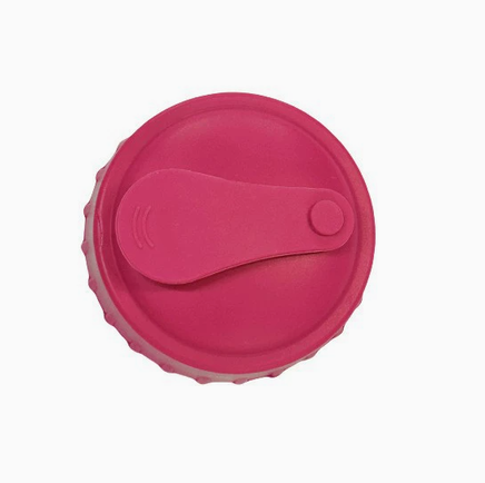 Pink leak-proof silicone can lid with ergonomic flip-top for sealing carbonated drinks. Lightweight and reusable for kitchen use.