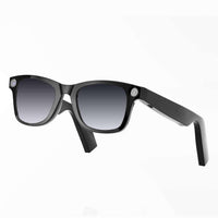 Close-up of black smart sunglasses with built-in camera and reflective lenses