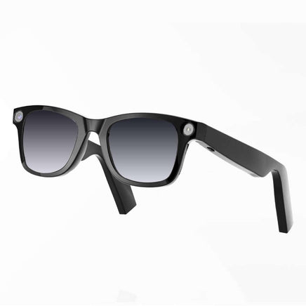 Close-up of black smart sunglasses with built-in camera and reflective lenses