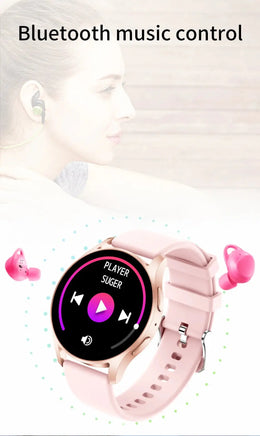 Rose gold smart bracelet with pink strap, highlighting Bluetooth music control and compatibility with wireless earbuds.