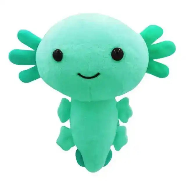 Mint green anime axolotl plush toy with teal gills, featuring a cheerful expression, perfect for kids and fans.