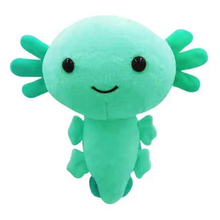 Mint green anime axolotl plush toy with teal gills, featuring a cheerful expression, perfect for kids and fans.