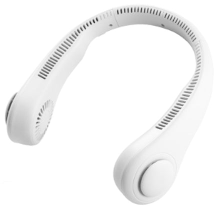 Dark green Mini Bladeless Neck Fan Outdoor on a mint surface, offering portable, rechargeable, and quiet operation for outdoor comfort.