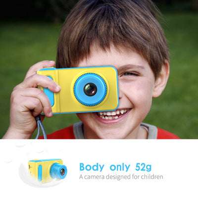 Yellow and blue kids' camera with rechargeable battery