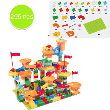 296-piece marble race run block toy set with detailed parts list and vibrant design for creative building fun.