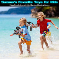 Children playing on a beach with colorful automatic airsoft gun toys, ideal for outdoor shooting games and summer activities.