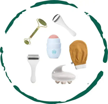 Complete Skincare Accessories Collection -6 Pcs featuring jade roller, ice roller, exfoliating mitt, and more.