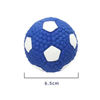 Blue and white squeaky dog toy shaped like a soccer ball, measuring 6.5 cm, ideal for keeping pets entertained and active.