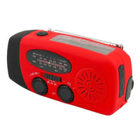 Compact red emergency radio featuring a speaker, tuning dials, and solar panel on the top.