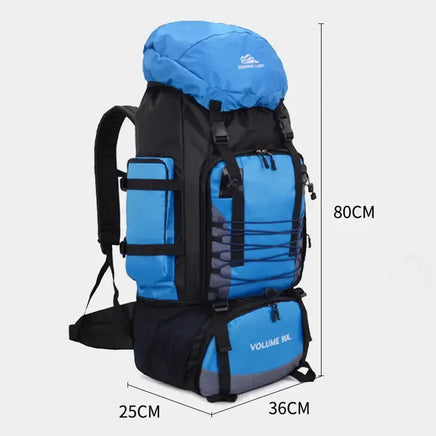 Blue 90L outdoor travel backpack with dimensions 80cm x 36cm x 25cm, featuring a durable and spacious design for outdoor adventures.