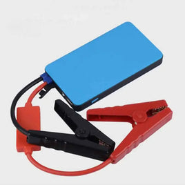 Blue multifunctional portable emergency power bank with jumper cables for car battery jump-starting and charging devices.