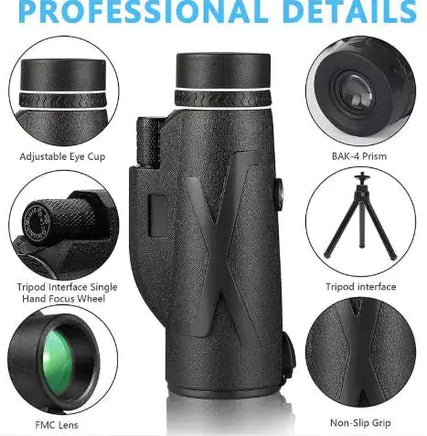 Professional details of the Telescope for Smartphones, featuring adjustable eye cup, BAK-4 prism, tripod interface, FMC lens, and non-slip grip.