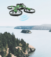 Green transforming motorcycle drone toy in flight outdoors